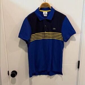 Lacoste Navy and Blue Polo with Yellow Accents size 4 - medium